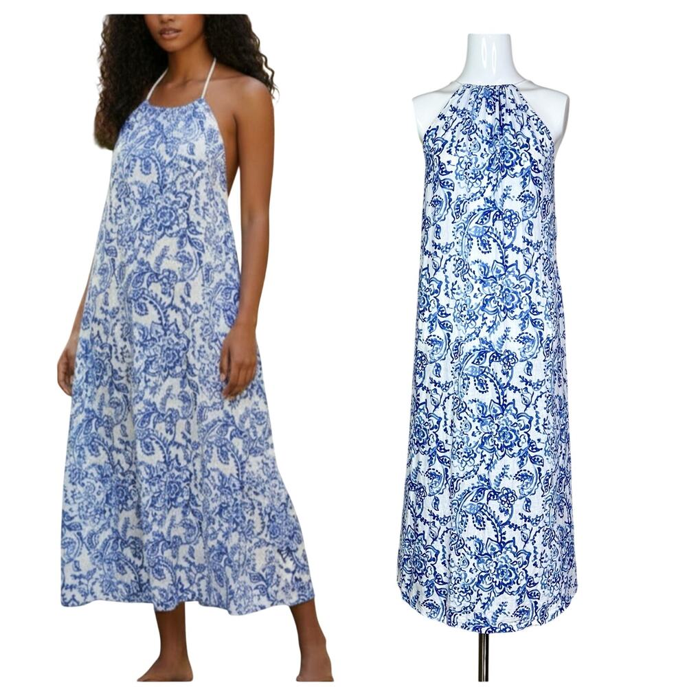 Caroline Constas | Linen Blend Blue White Halter Midi Dress Floral Print Size L